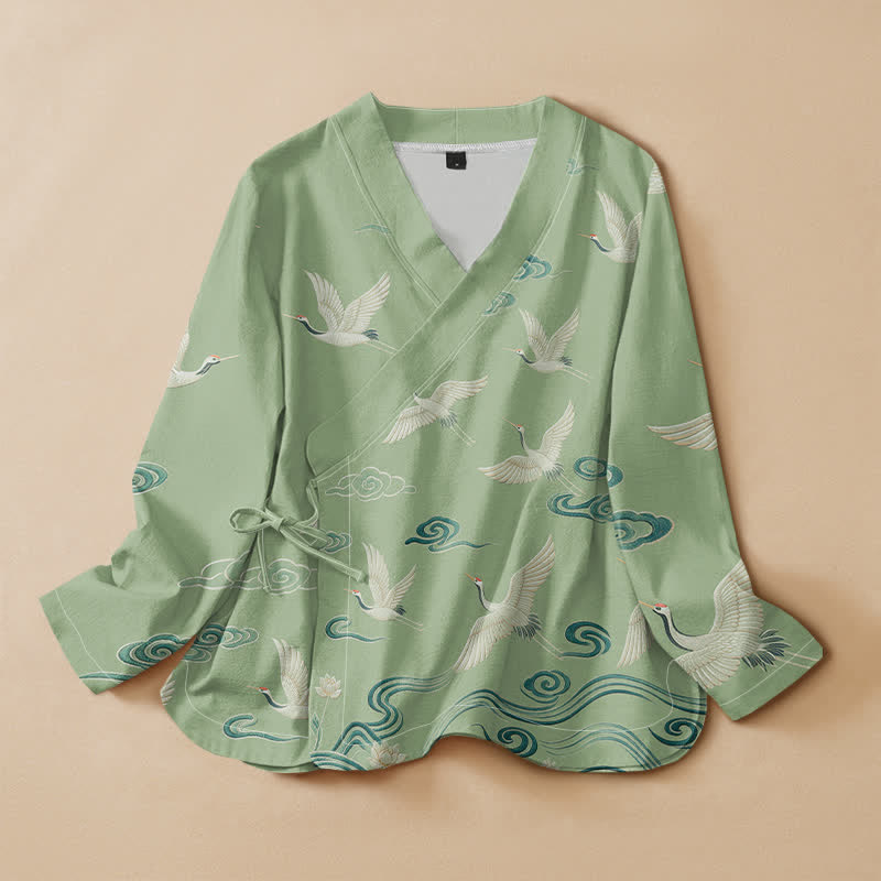 Buddha Stones Camisa kimono de manga larga para mujer, estilo hanfu, con cuello en V y cordones, estampado de grullas y nubes, de algodón. - Aguamarina - US16，UK/AU20，EU48 (3XL) - image 7