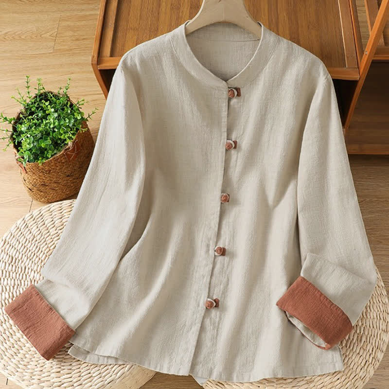 Buddha Stones Camisas de manga larga para mujer, estilo casual Tang, con cuello mandarín y color liso en contraste, ideales para primavera y otoño. - Beige - US12, UK/AU16, EU44 (3XL) - image 0