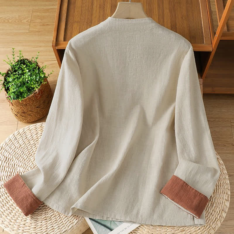 Buddha Stones Camisas de manga larga para mujer, estilo casual Tang, con cuello mandarín y color liso en contraste, ideales para primavera y otoño. - image 1