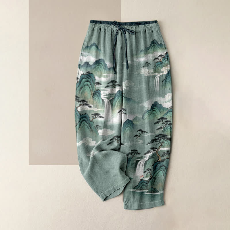 Buddha Stones Pantalones de mujer de algodón puro con estampado de paisaje de montaña y pinos, cintura elástica y bolsillos. - Aguamarina medio - US16，UK/AU20，EU48 (3XL) - image 0