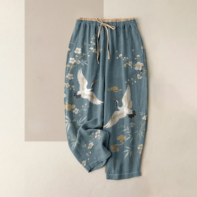 Buddha Stones Pantalones de mujer de algodón puro con estampado vintage de grullas y nubes, cintura elástica y bolsillos. - Azul cadete - US16，UK/AU20，EU48 (3XL) - image 0