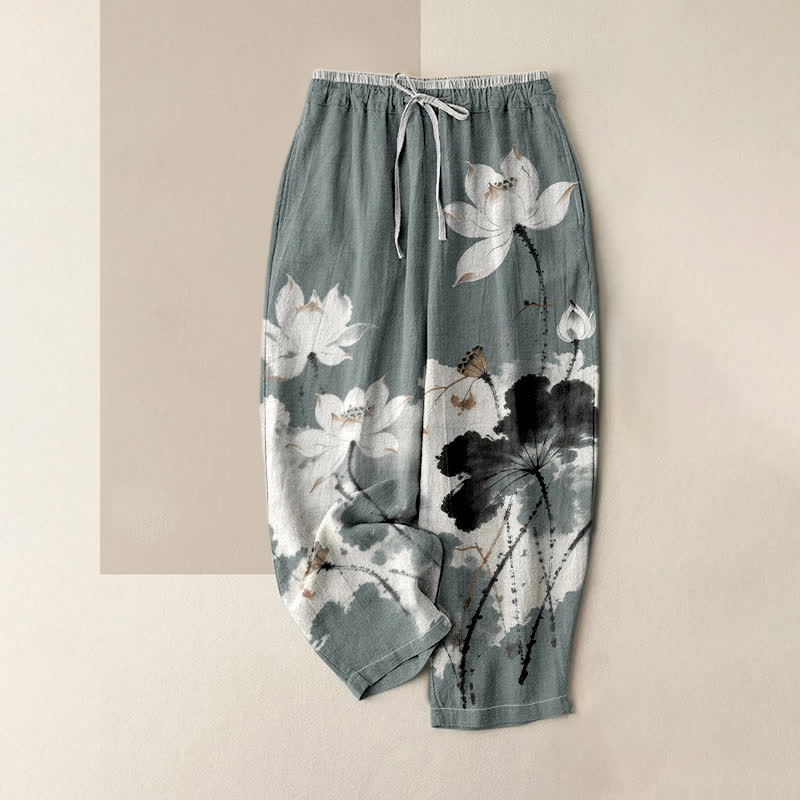 Buddha Stones Pantalones de mujer de algodón puro con estampado de loto y cintura elástica con bolsillos. - Gris pizarra claro - US16，UK/AU20，EU48 (3XL) - image 0