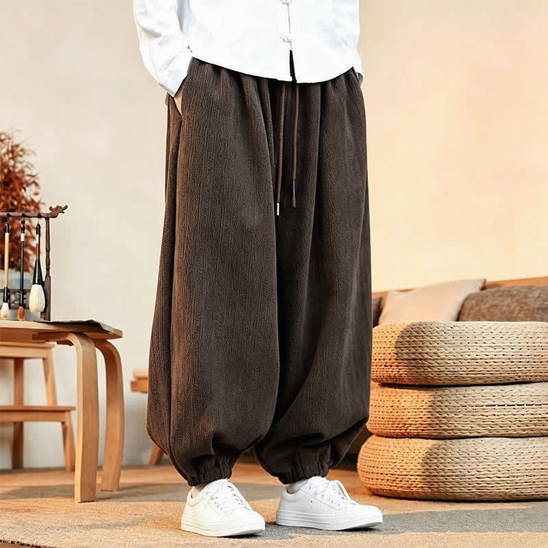 Buddha Stones Pantalones tobilleros minimalistas de pana para hombre, estilo harem, con cordón ajustable, estilo casual de otoño/invierno, con bolsillos. - image 1