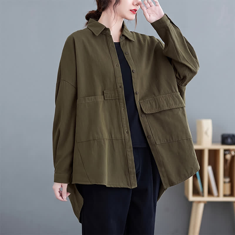 Buddha Stones Chaqueta básica minimalista de algodón liso para mujer, con botones y bolsillos, ideal para primavera y otoño. - Verde oliva oscuro - US8-10，UK/AU12-14，EU40-42 (2XL) - image 0