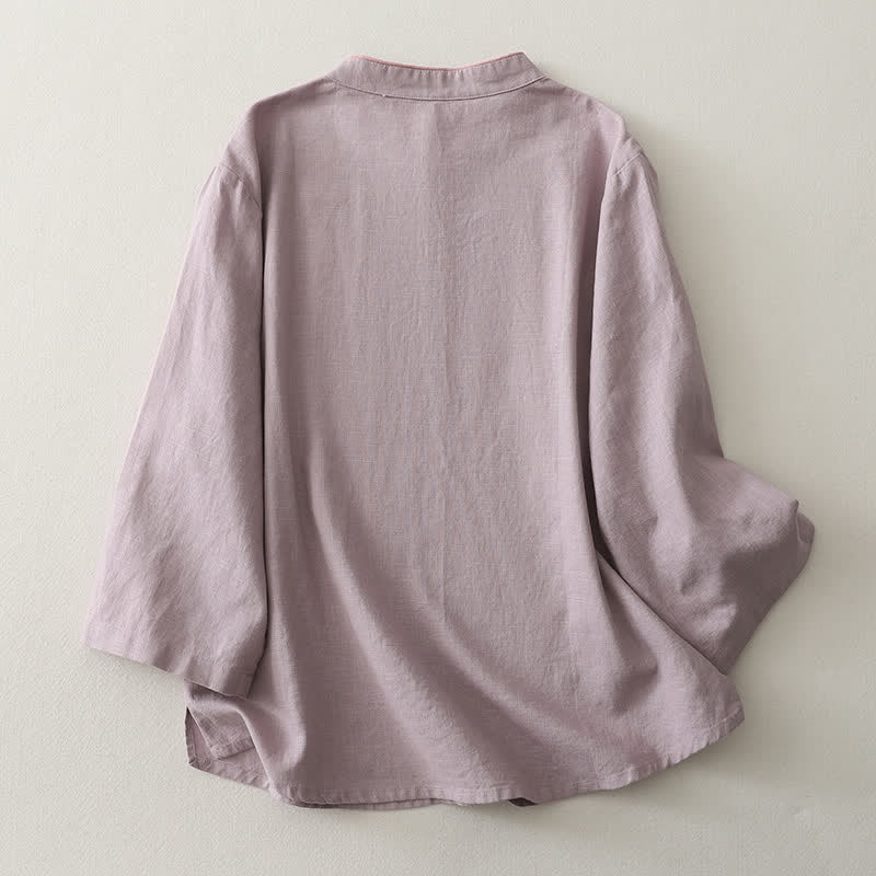 Buddha Stones Camisas de manga larga de lino liso para mujer, estilo vintage, con botones de rana, ideales para primavera y otoño. - image 1