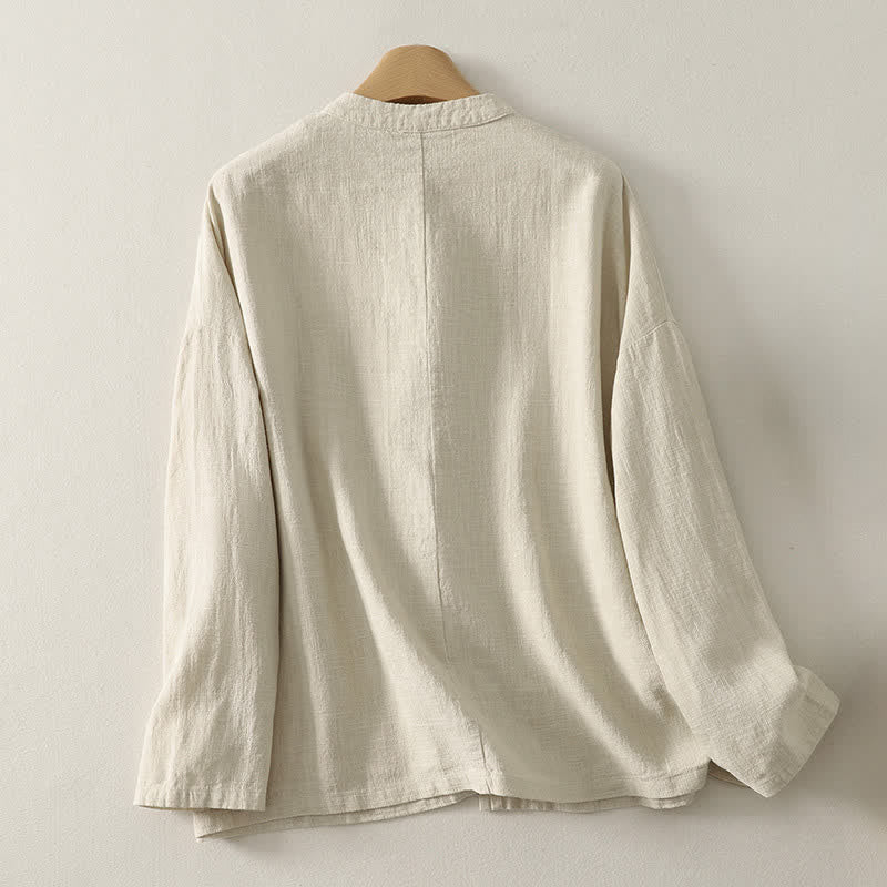 Buddha Stones Camisas de manga larga para mujer de algodón y lino, estilo Tang, informales, con botones de rana y de corte otoñal. - image 1