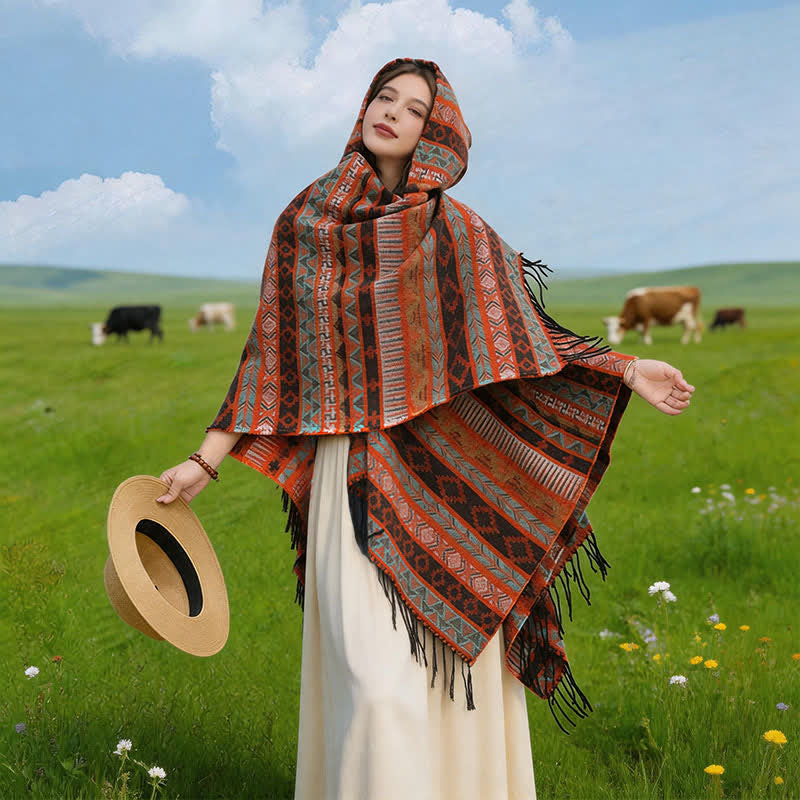 Buddha Stones Poncho con capucha, rayas geométricas y borlas para mujer, ideal para otoño e invierno. - Naranja - 140*159 cm - image 0