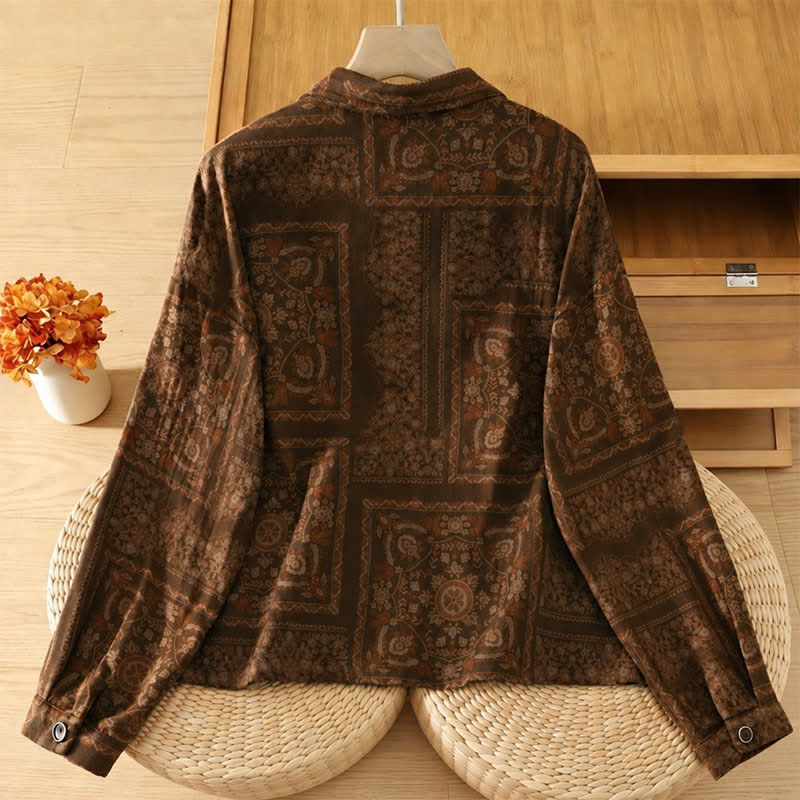 Buddha Stones Camisas de manga larga para mujer con botones, estilo bohemio vintage de otoño y estampado abstracto, con bolsillos. - image 1