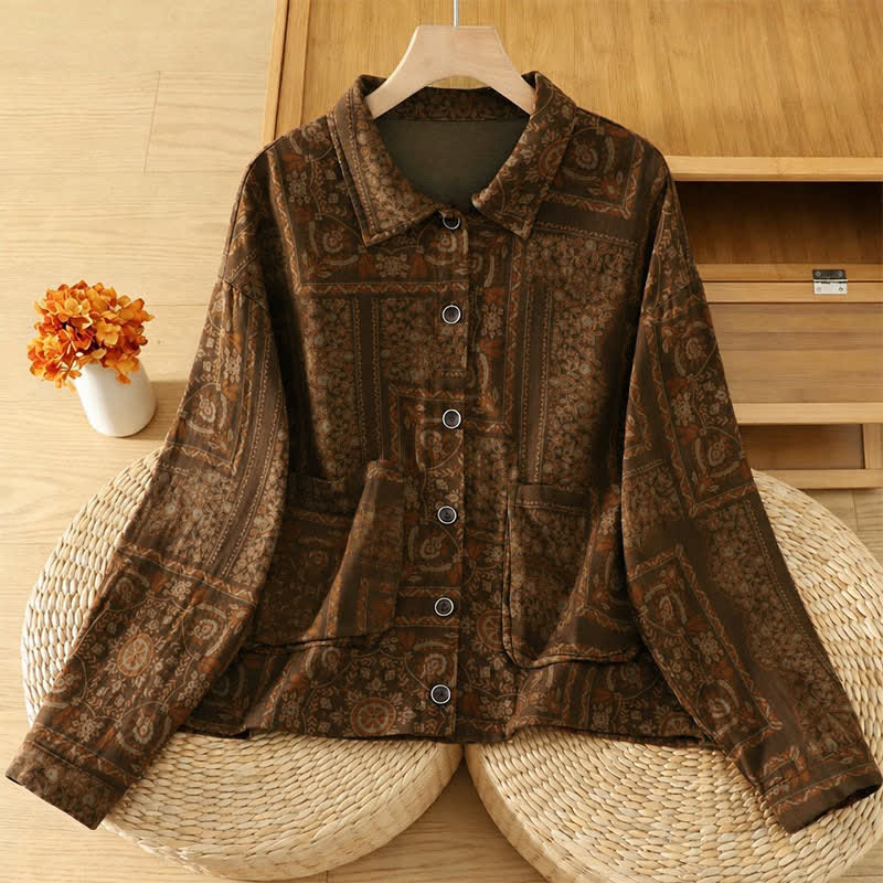 Buddha Stones Camisas de manga larga para mujer con botones, estilo bohemio vintage de otoño y estampado abstracto, con bolsillos. - Tierra de siena - US4-6, UK/AU8-10, EU36-38 (F) - image 0