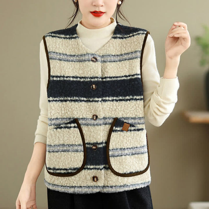 Buddha Stones Chaleco de mujer con estampado geométrico, botones y bolsillo, estilo casual vintage, ideal para otoño e invierno. - image 18