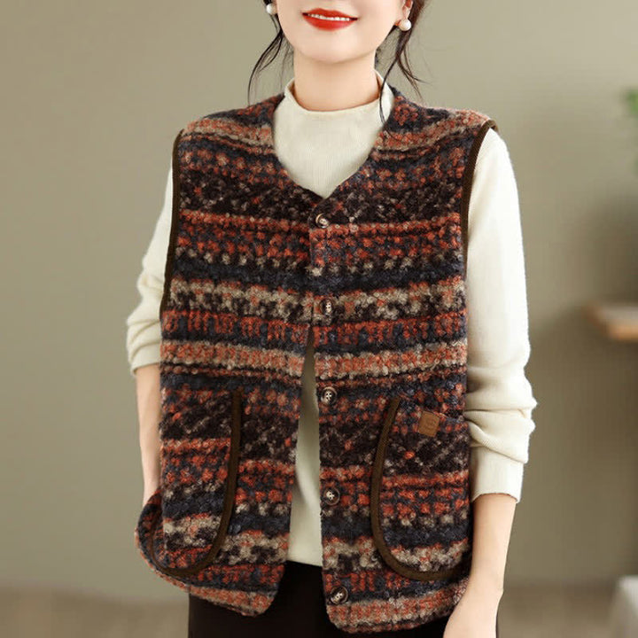 Buddha Stones Chaleco de mujer con estampado geométrico, botones y bolsillo, estilo casual vintage, ideal para otoño e invierno. - image 24