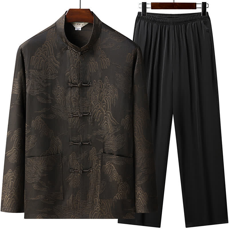 Buddha Stones Conjunto de 2 piezas de paño de meditación para hombre con cuello mandarín clásico estilo Tang, estampado de nubes y bolsillos, ideal para primavera y otoño. - Marrón silla de montar - US/UK/AU46, EU56 (5XL) - image 0