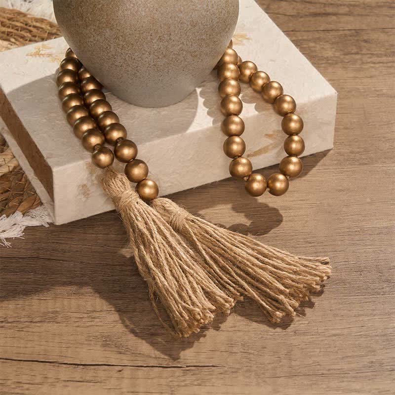 Buddha Stones Guirnalda rústica de cuentas de madera doradas con borlas - Decoración para un hogar consciente - image 3