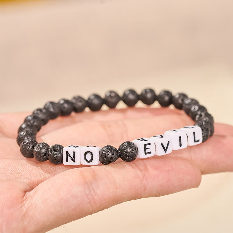 Buddha Stones Pulsera curativa con cuentas redondas y letras NO EVIL de roca de lava - image 2