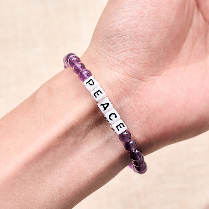 Buddha Stones Pulsera de meditación con cuentas de amatista con la inscripción PAZ - image 3