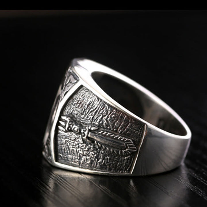 Anillo ajustable de protección tallada con diseño sánscrito de plata de ley 925 con Buddha Stones