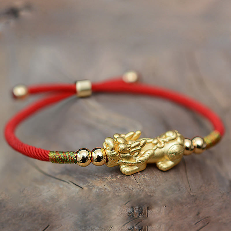 Pulsera de hilo rojo de la suerte PiXiu chapada en oro de 24 quilates con Buddha Stones - image 2