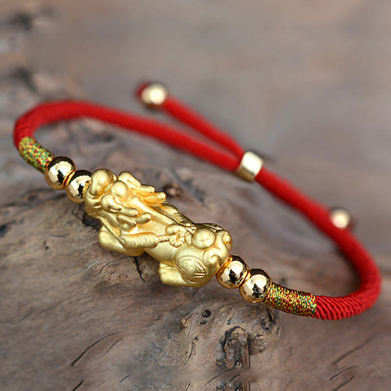 Pulsera de hilo rojo de la suerte PiXiu chapada en oro de 24 quilates con Buddha Stones - image 1