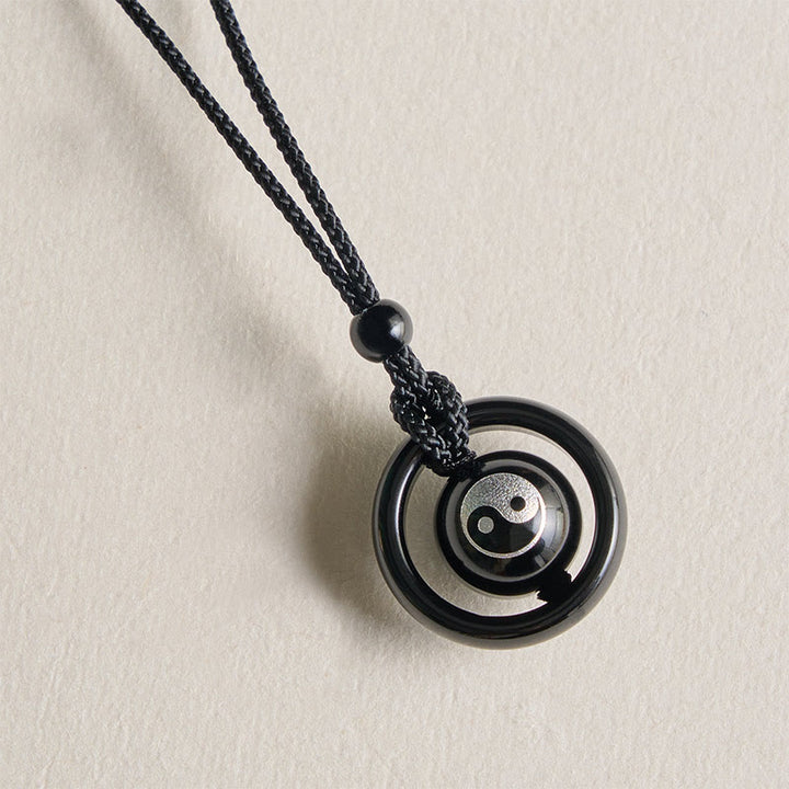 Buddha Stones Collar con colgante de equilibrio Yin Yang de ónix negro y obsidiana negra - image 3