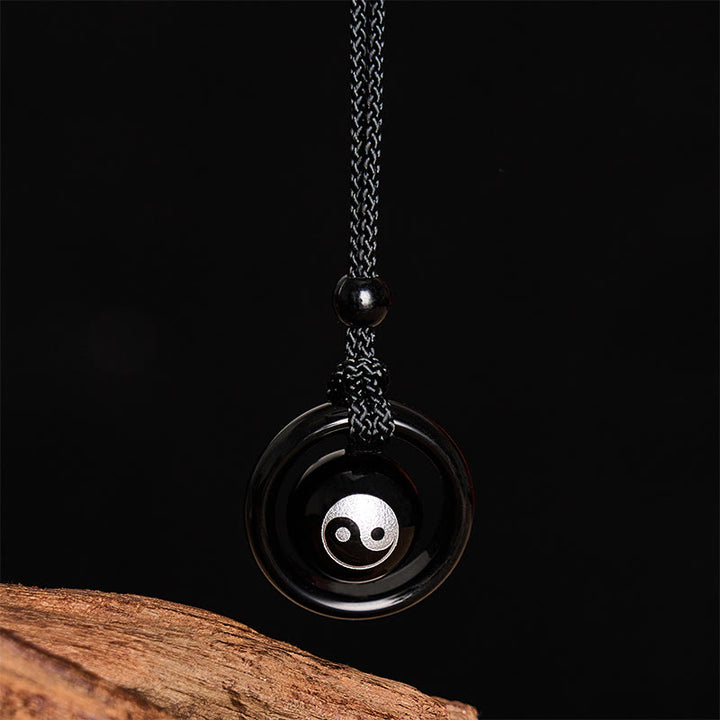 Buddha Stones Collar con colgante de equilibrio Yin Yang de ónix negro y obsidiana negra - image 8