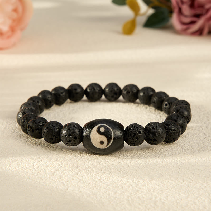 Buddha Stones Pulsera de soporte con cuentas Yin Yang de ónix negro y roca volcánica - Roca volcánica (circunferencia de la muñeca: 15-16 cm) - image 0
