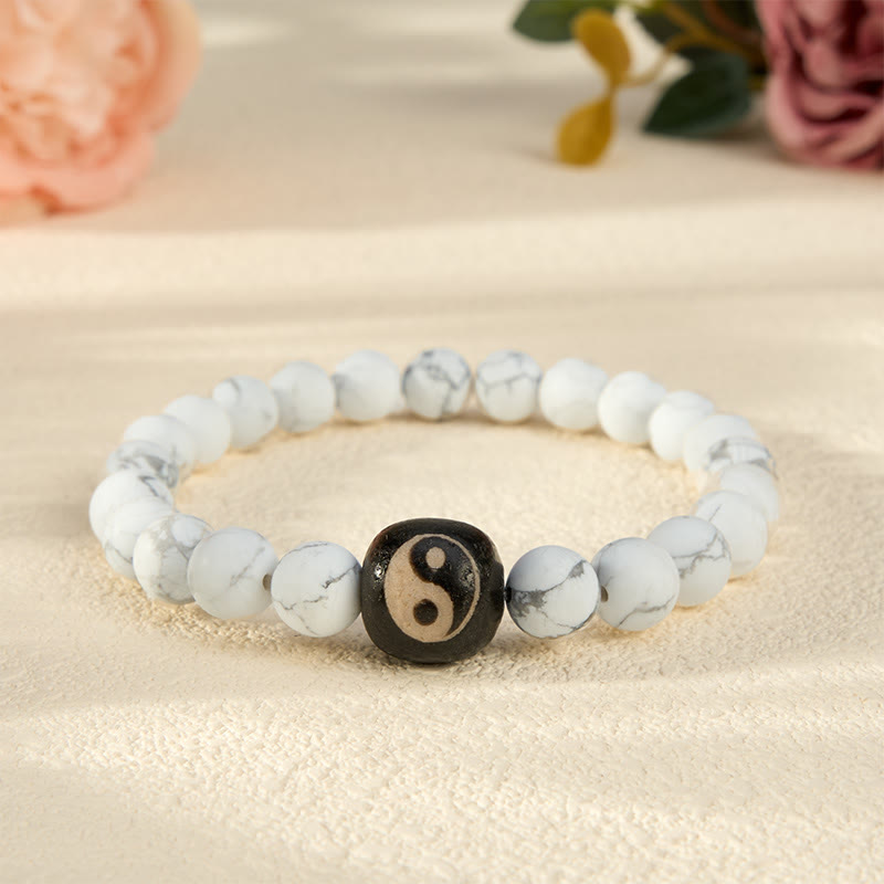 Buddha Stones Pulsera de cuentas redondas con equilibrio Yin Yang, ónix negro y turquesa blanca - Turquesa blanca - 5,9–6,3 pulgadas (15–16 cm) - image 10