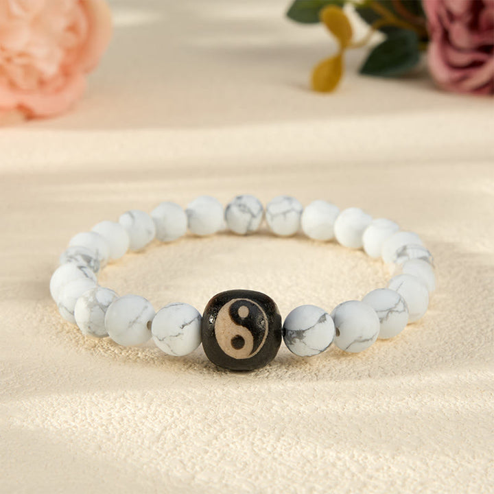 Buddha Stones Pulsera de cuentas redondas con equilibrio Yin Yang, ónix negro y turquesa blanca - Turquesa blanca - 5,9–6,3 pulgadas (15–16 cm) - image 10