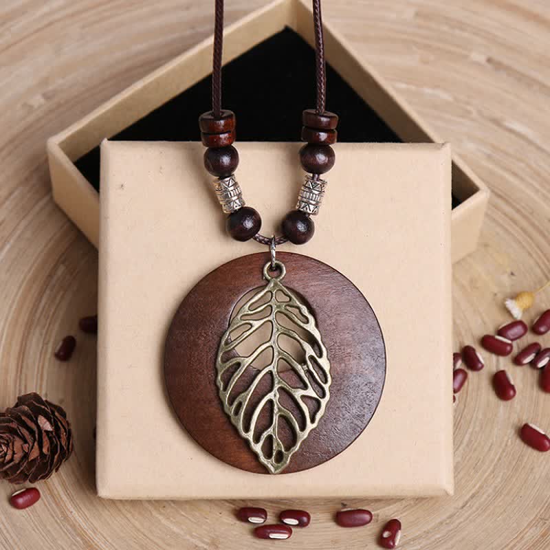 Buddha Stones Collar con colgante de conexión del árbol de la vida en madera y cuero - Oro - image 0