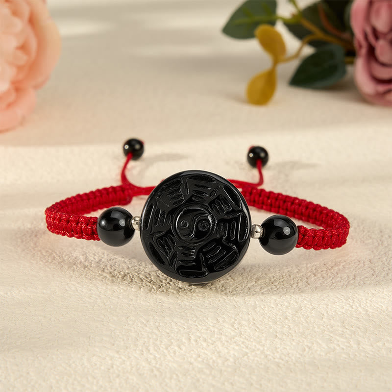 Buddha Stones Pulsera redonda de bendición Bagua de obsidiana negra con hilo rojo - image 0