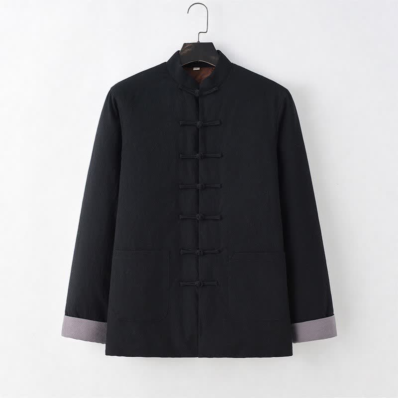Buddha Stones Chaqueta de hombre de algodón liso con botones de rana, estilo casual de otoño/invierno, de algodón liso con bolsillos. - Negro - US/UK/AU44, EU54 (4XL) - image 3