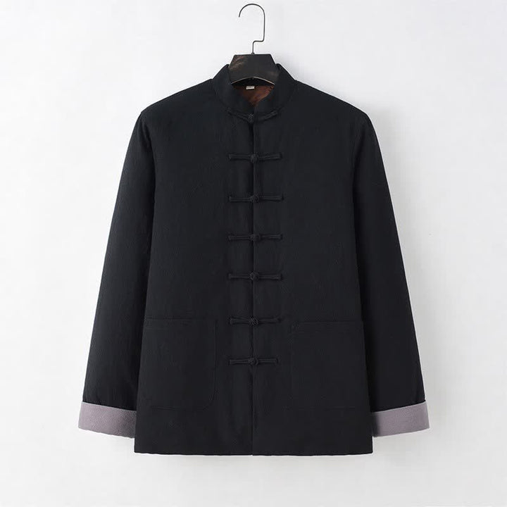 Buddha Stones Chaqueta de hombre de algodón liso con botones de rana, estilo casual de otoño/invierno, de algodón liso con bolsillos. - Negro - US/UK/AU44, EU54 (4XL) - image 3