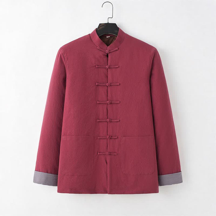 Buddha Stones Chaqueta de hombre de algodón liso con botones de rana, estilo casual de otoño/invierno, de algodón liso con bolsillos. - Rojo indio - US/UK/AU44, EU54 (4XL) - image 4