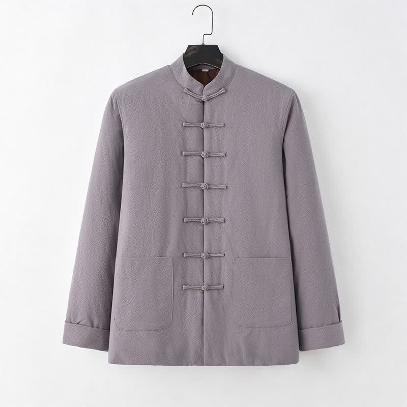 Buddha Stones Chaqueta de hombre de algodón liso con botones de rana, estilo casual de otoño/invierno, de algodón liso con bolsillos. - Gris oscuro - US/UK/AU44, EU54 (4XL) - image 2