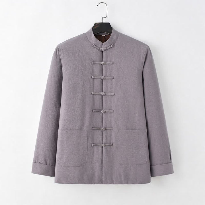 Buddha Stones Chaqueta de hombre de algodón liso con botones de rana, estilo casual de otoño/invierno, de algodón liso con bolsillos. - Gris oscuro - US/UK/AU44, EU54 (4XL) - image 2