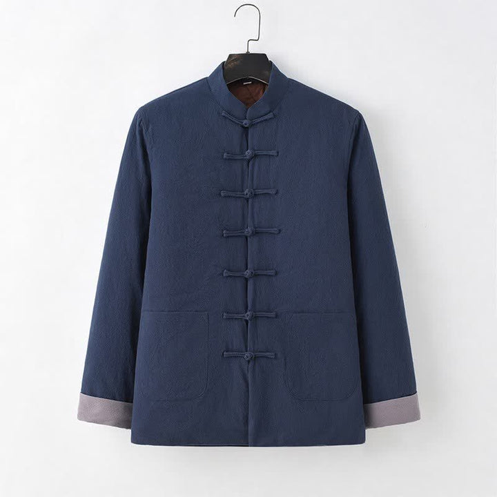 Buddha Stones Chaqueta de hombre de algodón liso con botones de rana, estilo casual de otoño/invierno, de algodón liso con bolsillos. - image 1