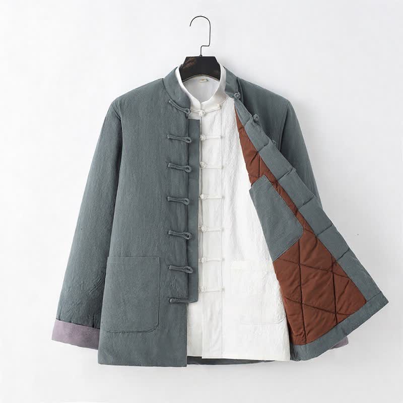 Buddha Stones Chaqueta de hombre de algodón liso con botones de rana, estilo casual de otoño/invierno, de algodón liso con bolsillos. - image 6