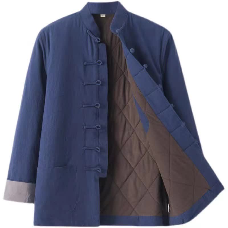 Buddha Stones Chaqueta de hombre de algodón liso con botones de rana, estilo casual de otoño/invierno, de algodón liso con bolsillos. - Azul medianoche - US/UK/AU44, EU54 (4XL) - image 0