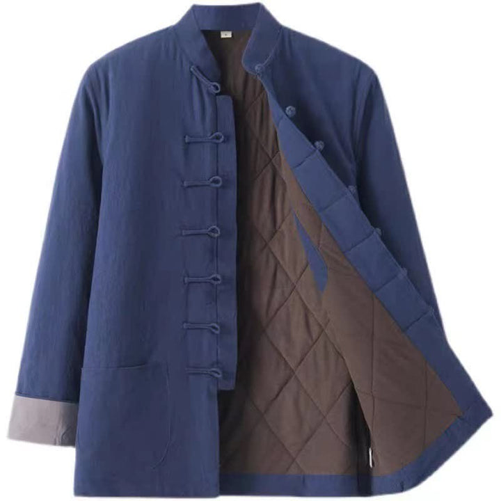 Buddha Stones Chaqueta de hombre de algodón liso con botones de rana, estilo casual de otoño/invierno, de algodón liso con bolsillos. - Azul medianoche - US/UK/AU44, EU54 (4XL) - image 0