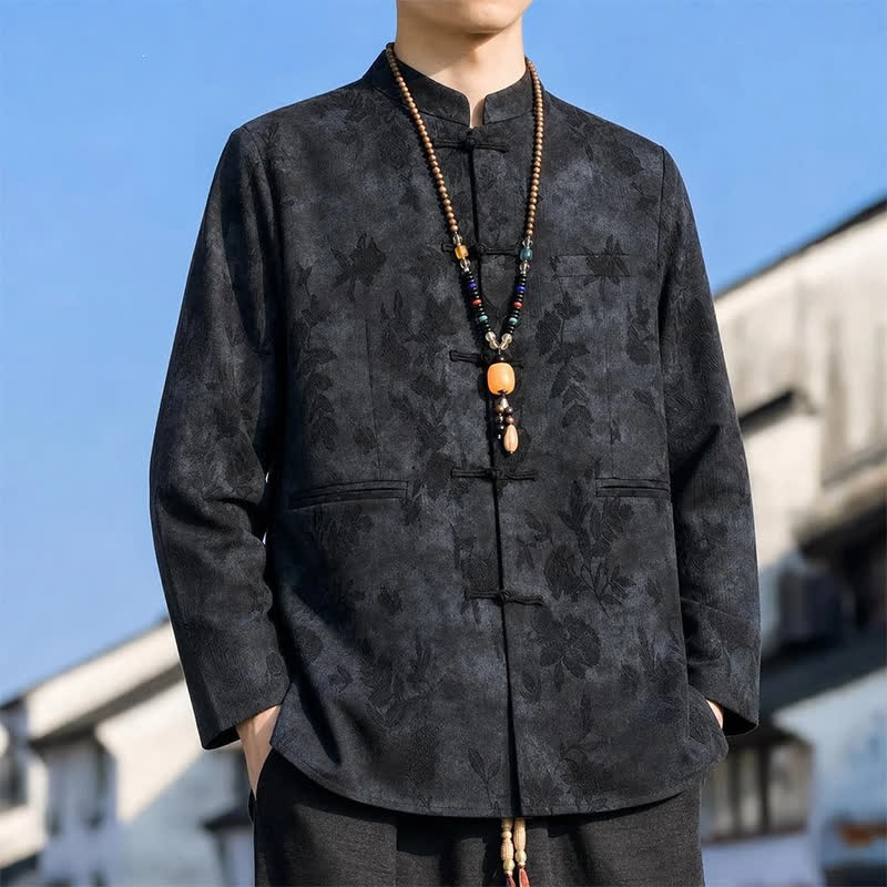 Buddha Stones Chaqueta de hombre estilo Tang vintage de otoño/invierno con cuello mandarín y estampado abstracto de hojas y bolsillo. - image 1