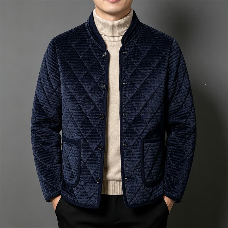Buddha Stones Chaqueta básica clásica de otoño/invierno de pana lisa con cuello mandarín y estampado romboide para hombre, con bolsillos. - Azul medianoche - US/UK/AU44, UE 54 (5XL) - image 0