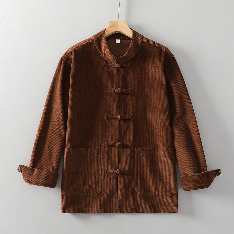 Buddha Stones Chaqueta de pana lisa para hombre, estilo Tang vintage, con botones de rana y bolsillos, ideal para otoño/invierno. - image 1