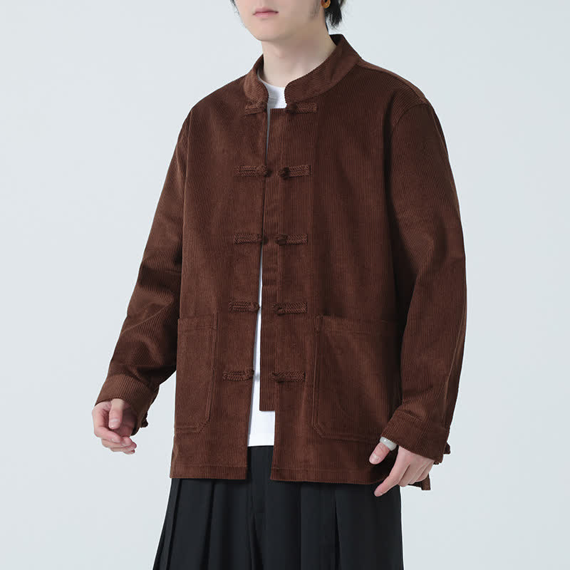 Buddha Stones Chaqueta de pana lisa para hombre, estilo Tang vintage, con botones de rana y bolsillos, ideal para otoño/invierno. - Marrón silla de montar - US/UK/AU46, EU56 (5XL) - image 0