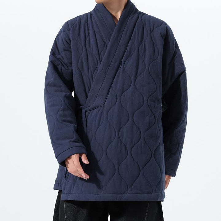 Buddha Stones Kimono de hombre de algodón liso acolchado con cordón ajustable, estilo Tang, para otoño/invierno, con bolsillos. - Azul medianoche - US/UK/AU46, EU56 (5XL) - image 0
