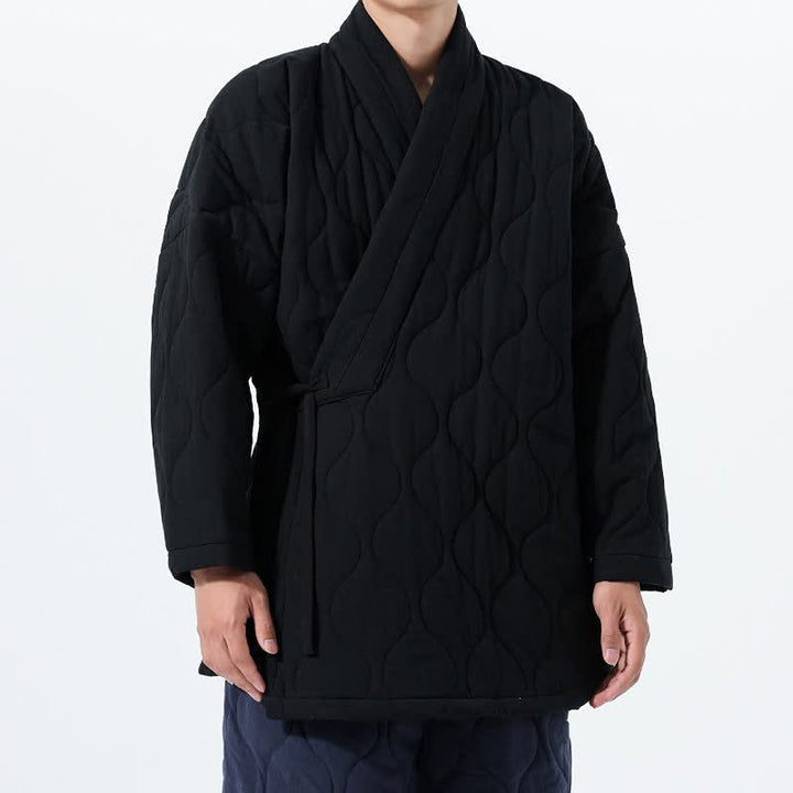 Buddha Stones Kimono de hombre de algodón liso acolchado con cordón ajustable, estilo Tang, para otoño/invierno, con bolsillos. - Negro - US/UK/AU46, EU56 (5XL) - image 19