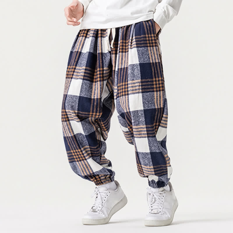 Buddha Stones Pantalones tobilleros casuales de otoño/invierno a cuadros con cordón ajustable para hombre, estilo harem con bolsillos. - Azul acero - US/UK/AU46, EU56 (5XL) - image 0