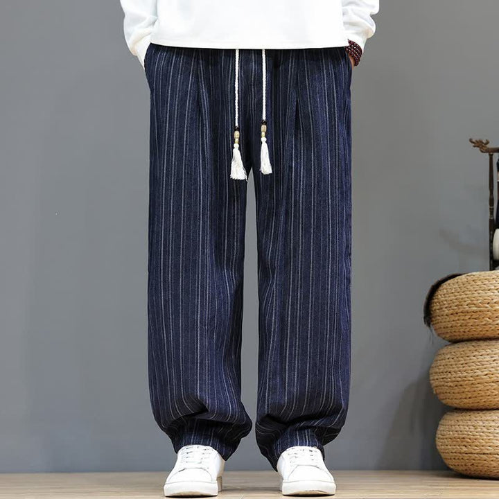 Buddha Stones Pantalones largos de hombre de corte recto con cordón ajustable y rayas, estilo casual de otoño. - Azul medianoche - US/UK/AU46, EU56 (5XL) - image 19