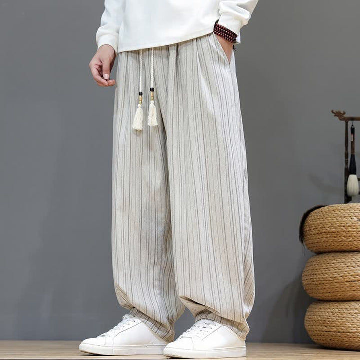 Buddha Stones Pantalones largos de hombre de corte recto con cordón ajustable y rayas, estilo casual de otoño. - Blanco - US/UK/AU46, EU56 (5XL) - image 27