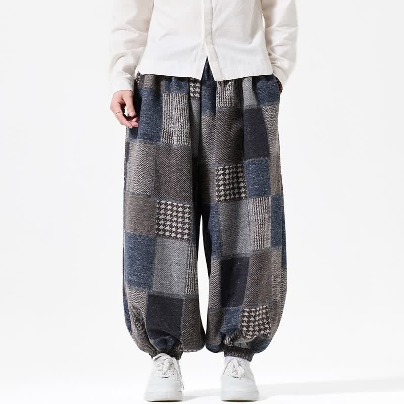Buddha Stones Pantalones tobilleros de algodón a cuadros estilo vintage con cordón ajustable para hombre, estilo harem, con bolsillos, ideales para otoño e invierno. - image 1