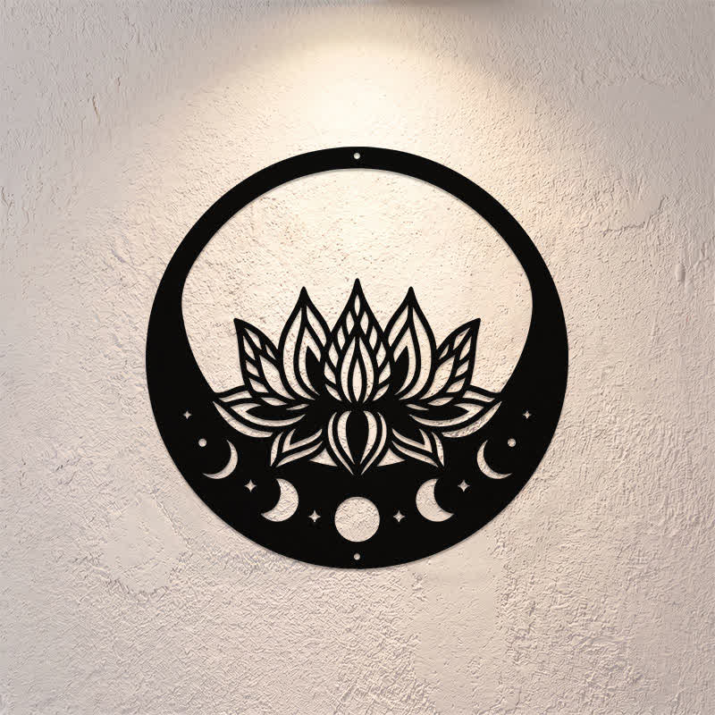 Buddha Stones Adorno de pared redondo de metal con forma de loto, fases lunares y símbolos de pureza y significado. - image 0