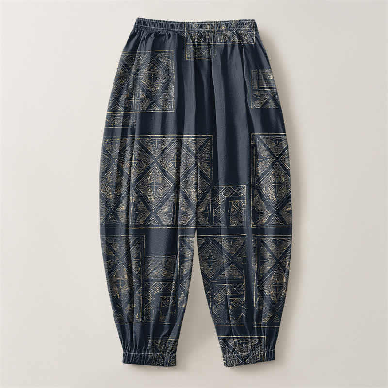 Buddha Stones Pantalones harem para hombre de algodón puro con estampado étnico de celosía, cordón ajustable y bolsillos. - image 2
